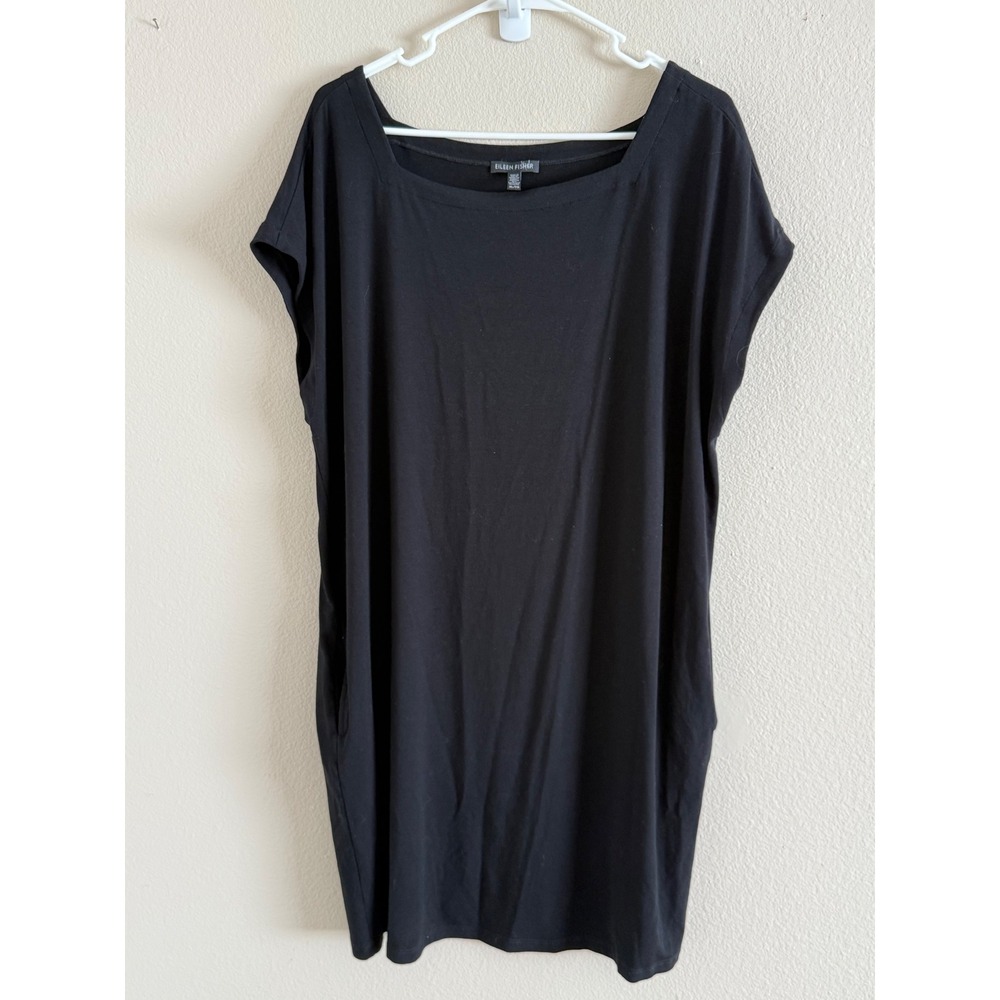 Eileen Fisher Womens Black Viscose Spandex Square Neck Pocket Shift‎ Dress XL - Picture 2 of 7